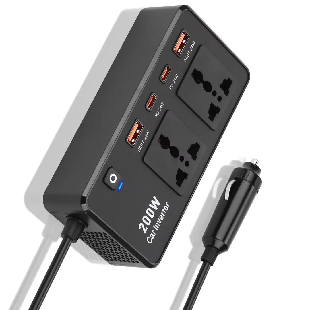 Universal 200W Car Converter – 220V Outlet + USB-C for On-the-Go Charging