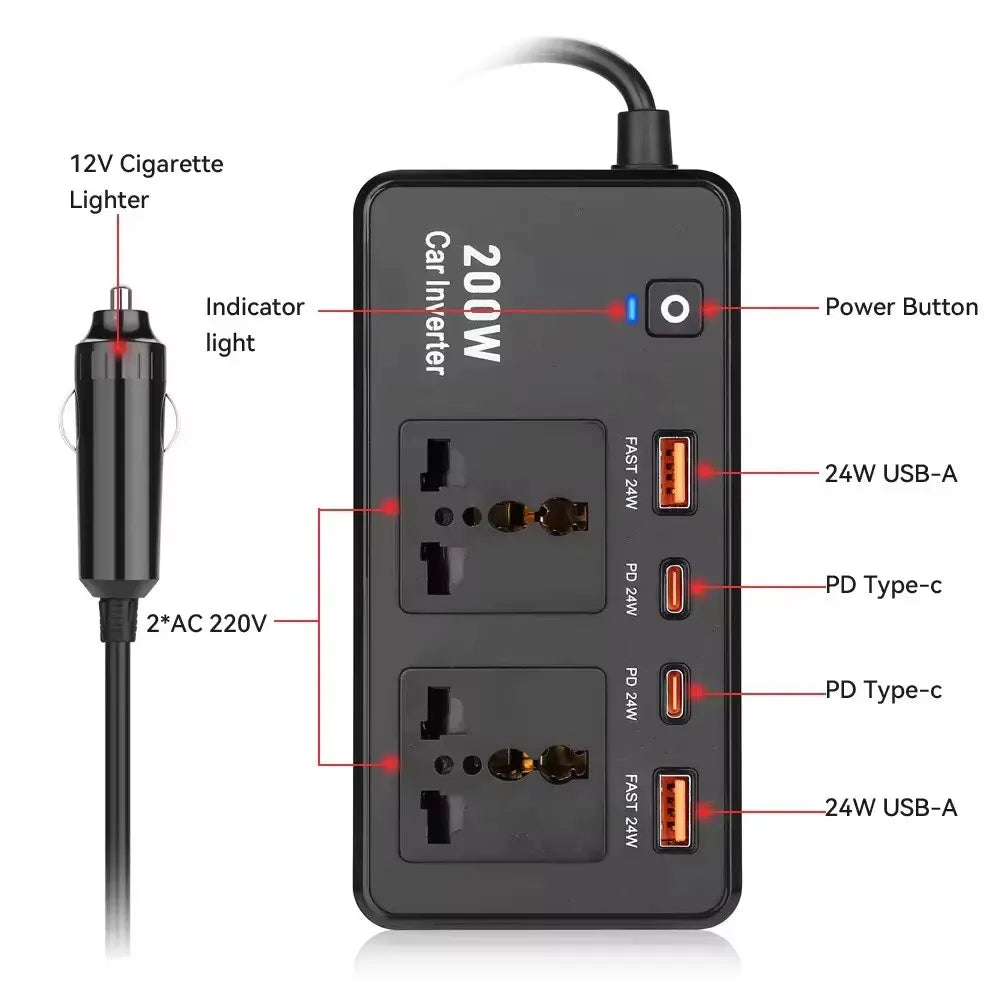 Universal 200W Car Converter – 220V Outlet + USB-C for On-the-Go Charging